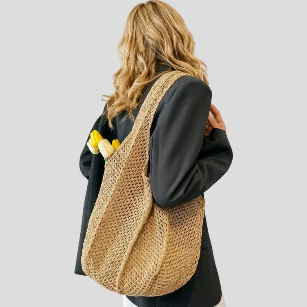 Handmade Crochet Mesh Tote: Beige / One Size