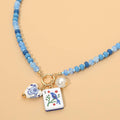 Blue Mahjong Tile Charm Pearl Beaded Necklace