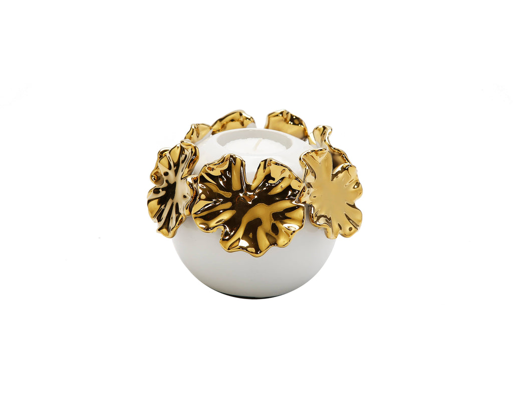 White Ceramic Candle Holder Gold Flower Design: Medium