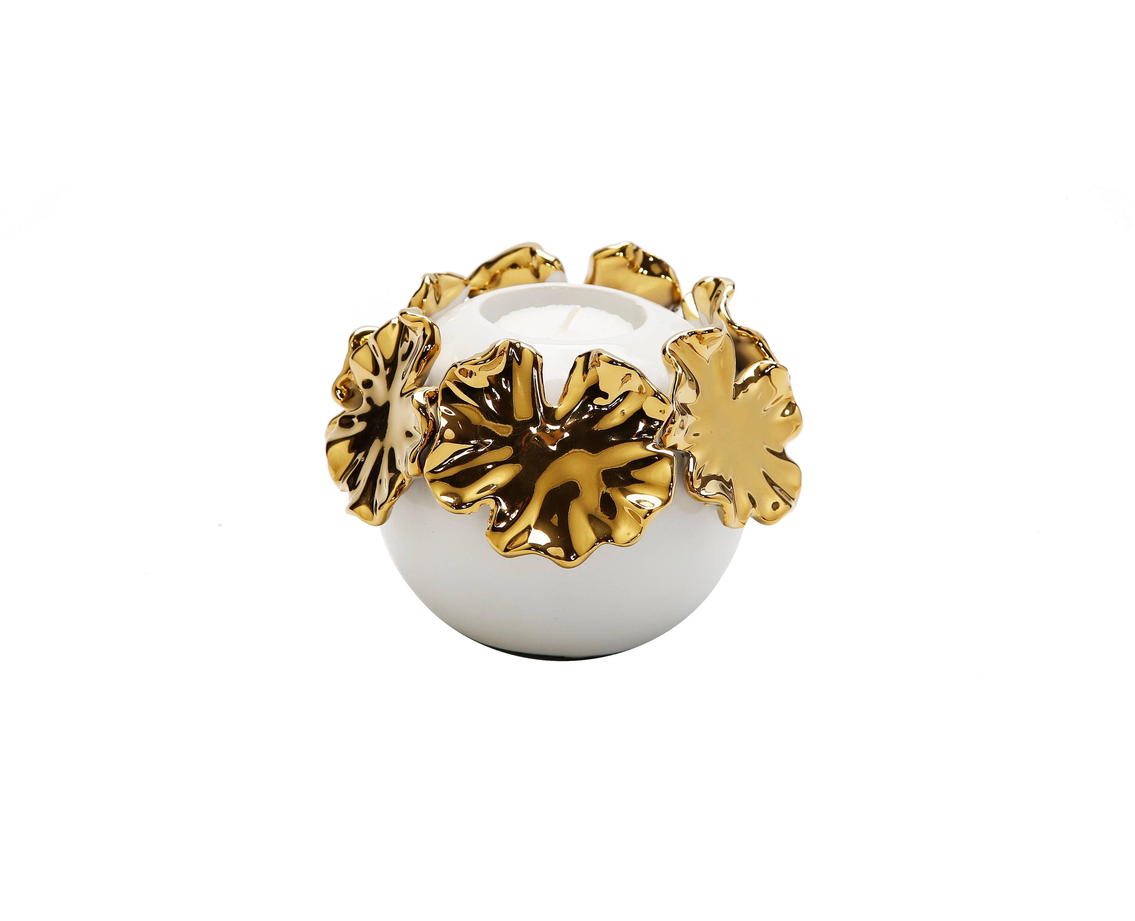 White Ceramic Candle Holder Gold Flower Design: Medium