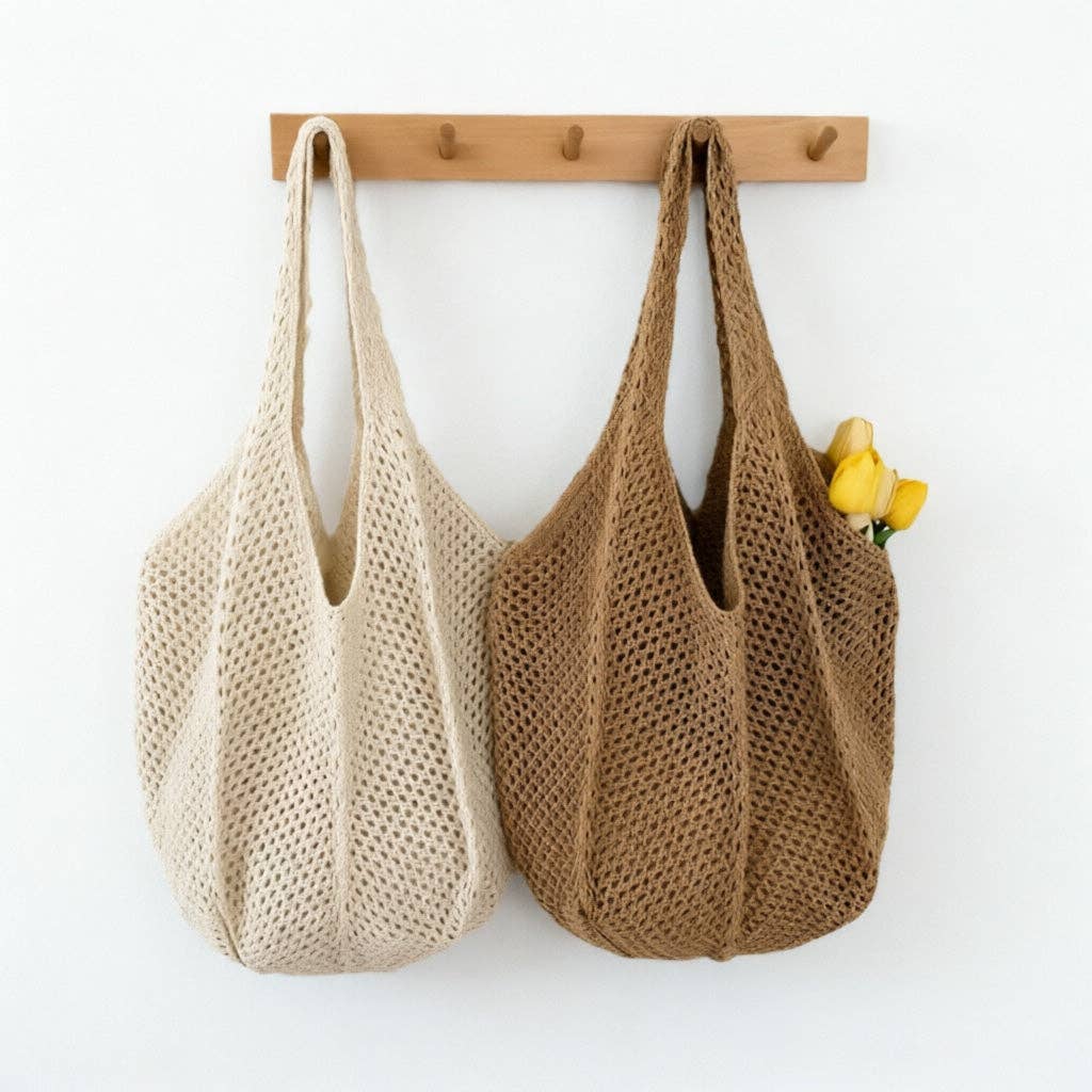 Handmade Crochet Mesh Tote: Beige / One Size