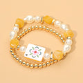 Yellow 2Pc - Mahjong Tile Pearl Beaded Stretch Multi Layered Bracelets