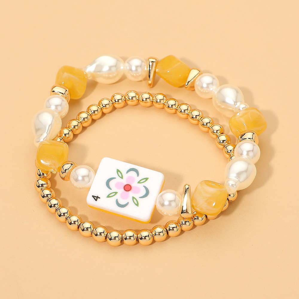 Yellow 2Pc - Mahjong Tile Pearl Beaded Stretch Multi Layered Bracelets