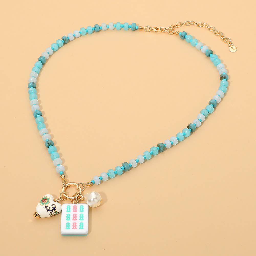 Mint Mahjong Tile Charm Pearl Beaded Necklace