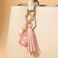 Pink Mahjong Tile Pearl Charm Faux Leather Tassel Keychain