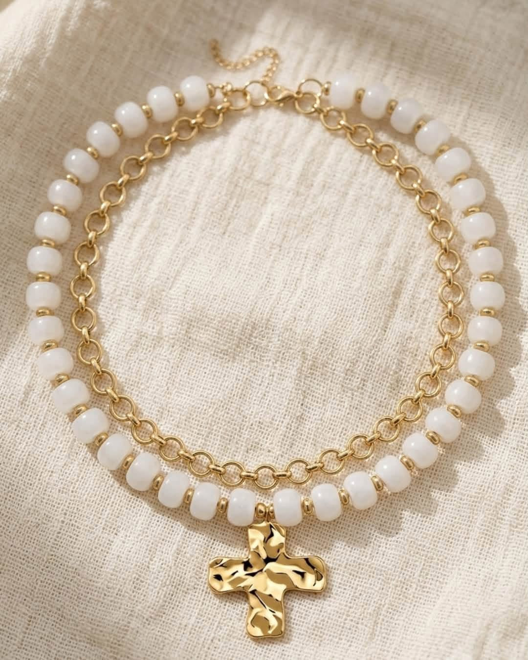 Ivory Double Stacked Faith Chunky Cross Beaded & Gold Necklace