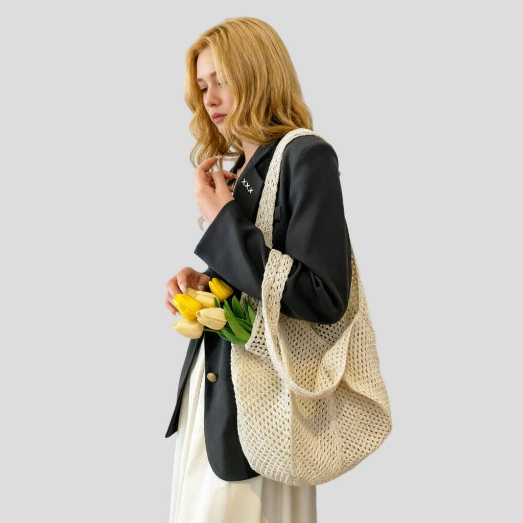 Handmade Crochet Mesh Tote: Beige / One Size