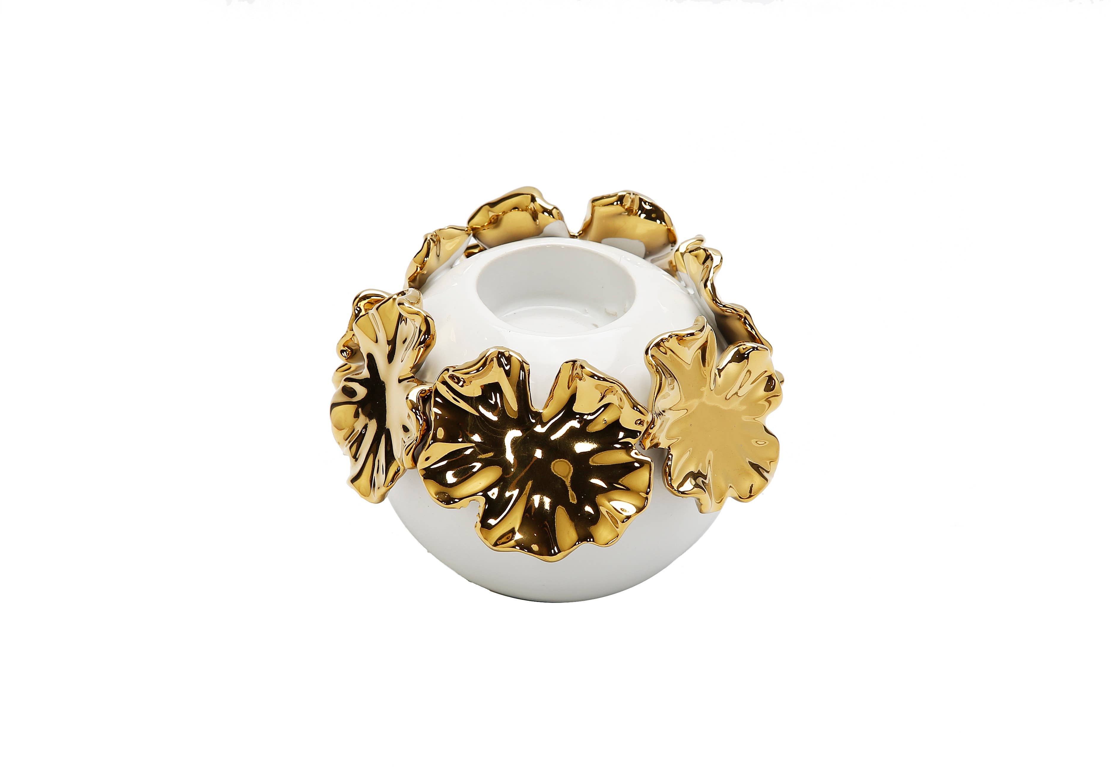 White Ceramic Candle Holder Gold Flower Design: Medium