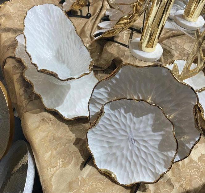 White Oval Tray New Bone China with Gold Scalloped Edge