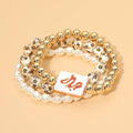 3pc Mahjong Charm Accent Floral Pearl Beaded Stretch Multi Layered Bracelets