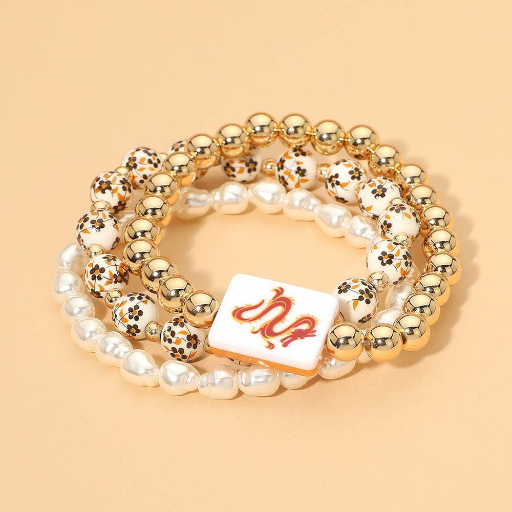 3pc Mahjong Charm Accent Floral Pearl Beaded Stretch Multi Layered Bracelets