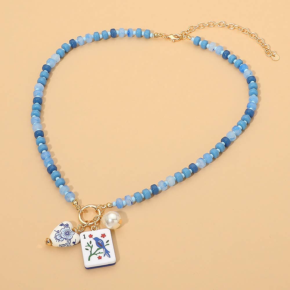 Blue Mahjong Tile Charm Pearl Beaded Necklace