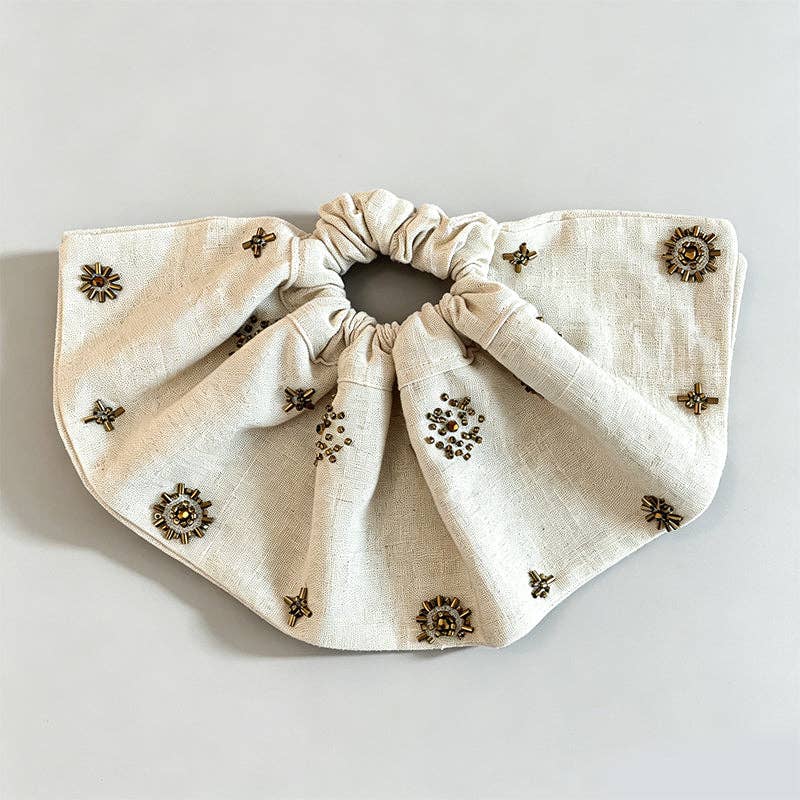 Natural Beaded Scrunchie: Round Beads / One Size