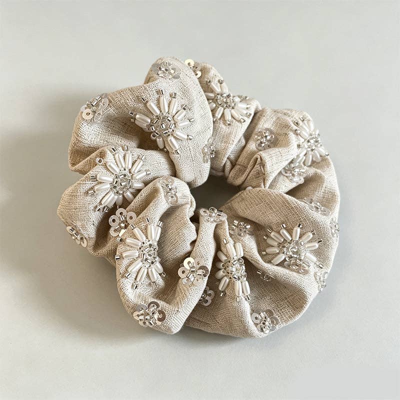 Natural Beaded Scrunchie: Round Beads / One Size