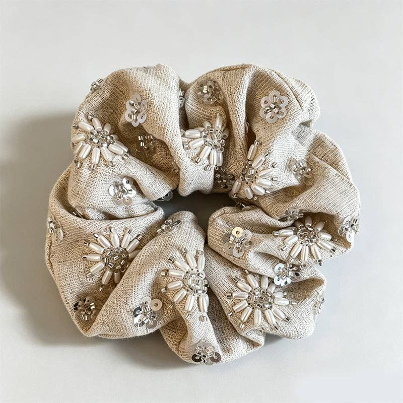 Natural Beaded Scrunchie: Round Beads / One Size