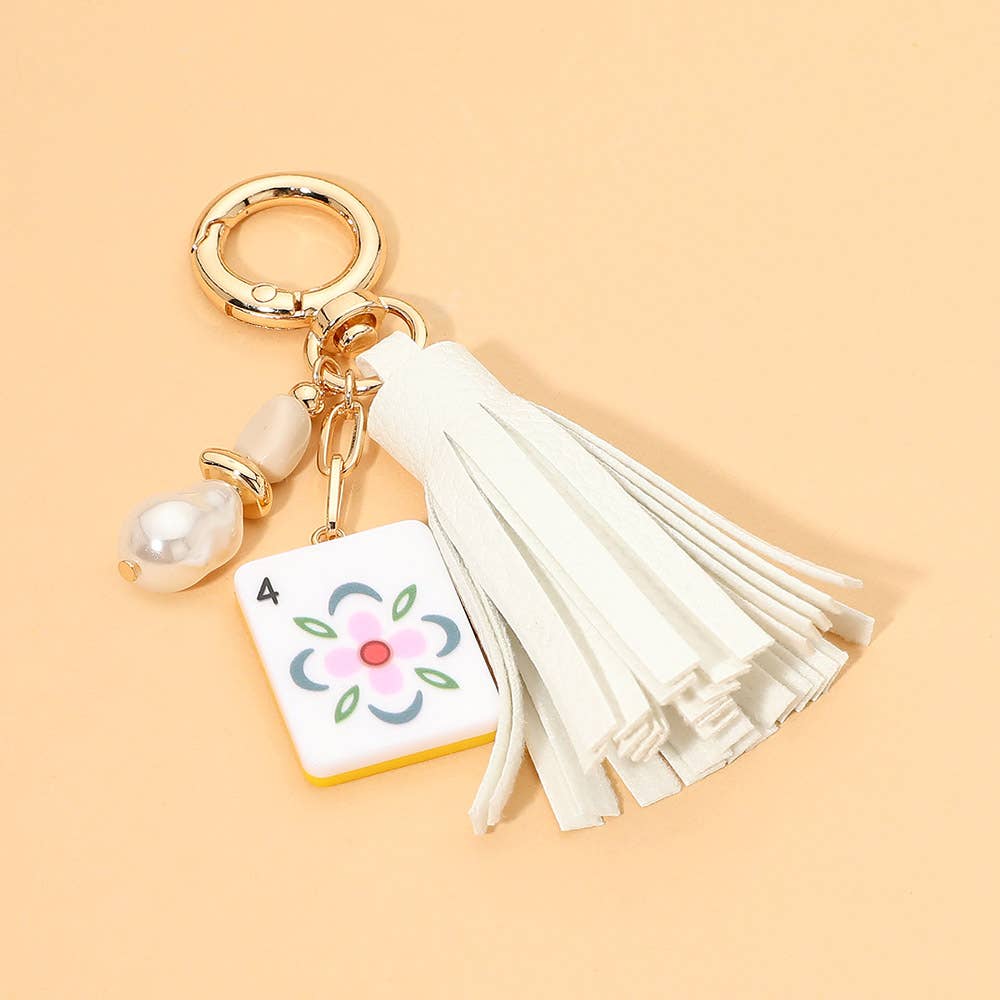 White Mahjong Tile Pearl Charm Faux Leather Tassel Keychain