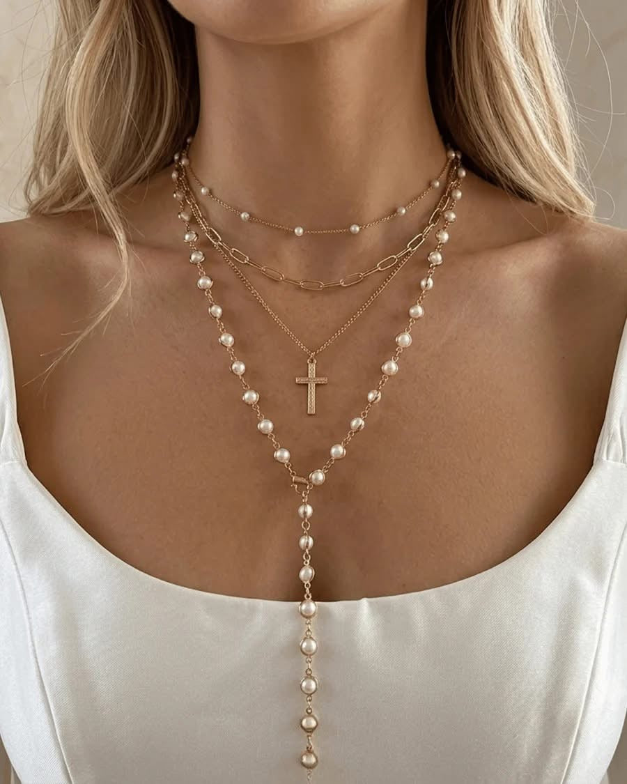 Faith Layered Lariat Chain Necklace Stack of 4
