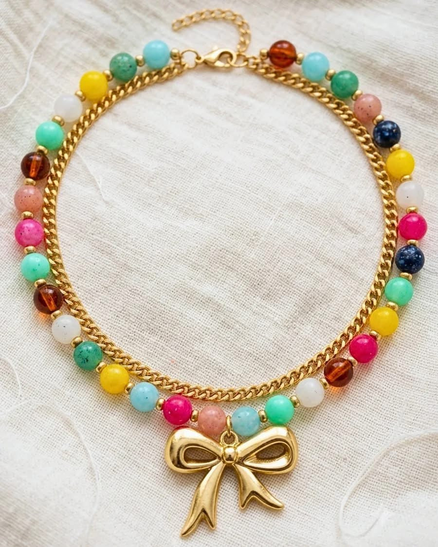 Multicolor Double Stacked Chunky Bow Beaded & Gold Necklace