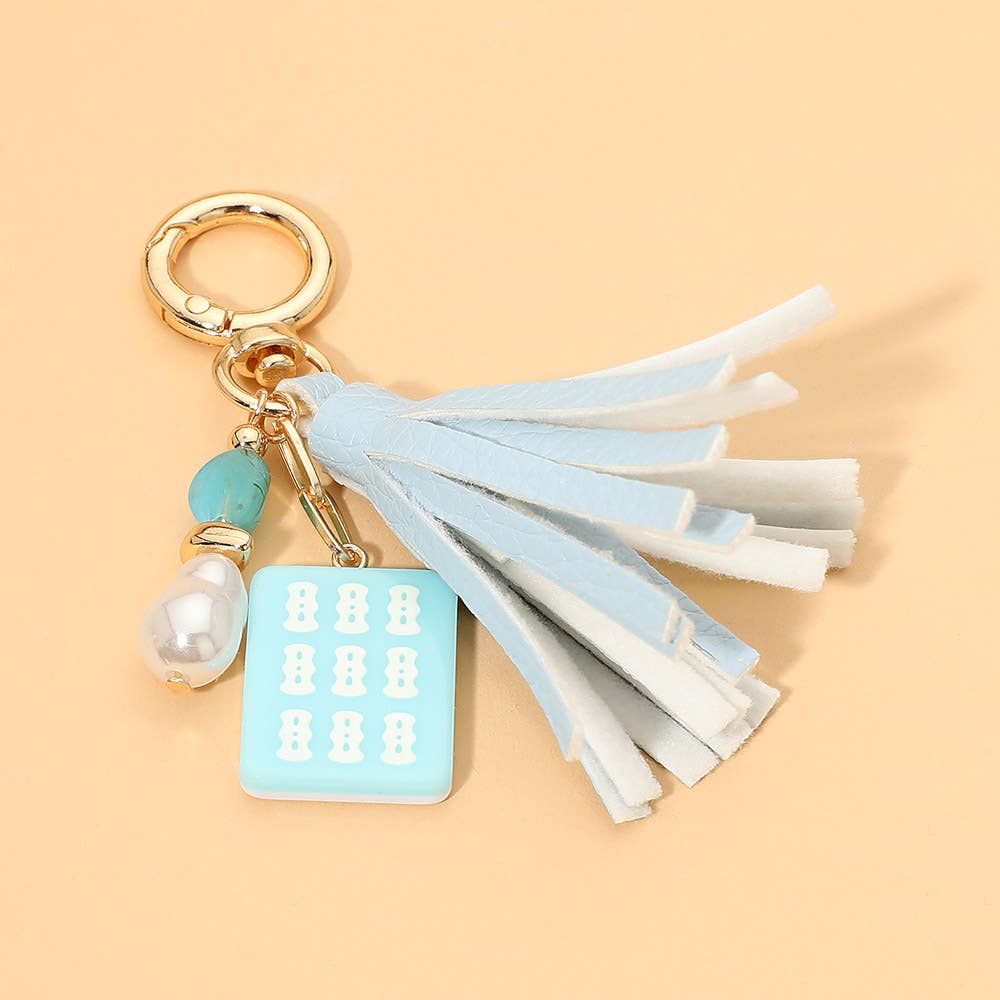 Mint Mahjong Tile Pearl Charm Faux Leather Tassel Keychain