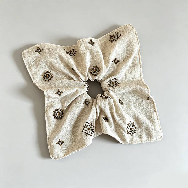 Natural Beaded Scrunchie: Round Beads / One Size