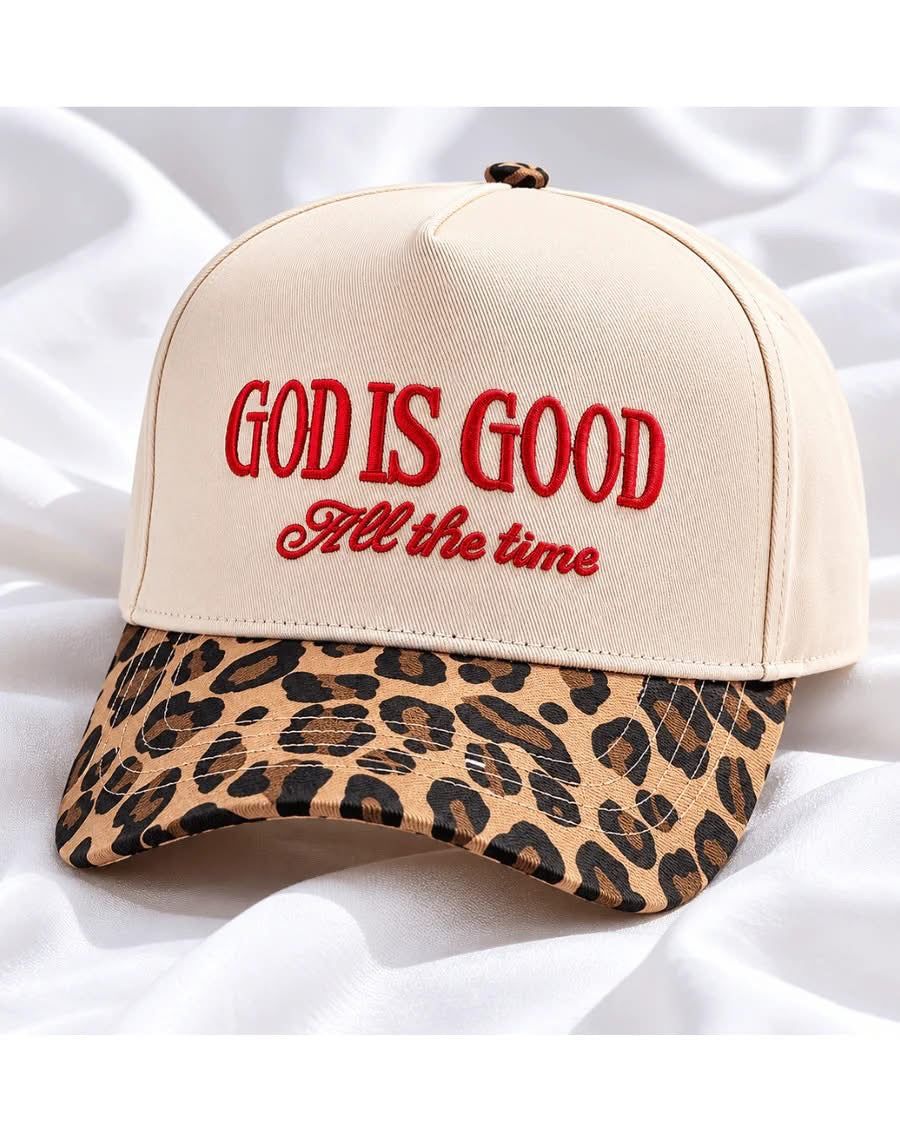 God is Good All The Time Embroidered Cheetah Print Hat