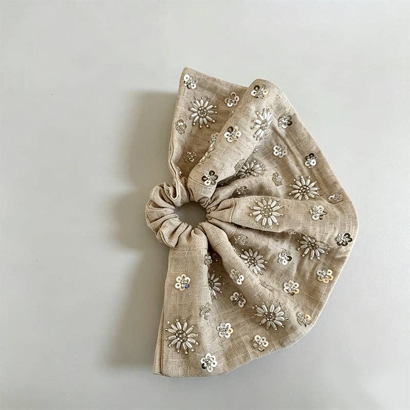 Natural Beaded Scrunchie: Round Beads / One Size