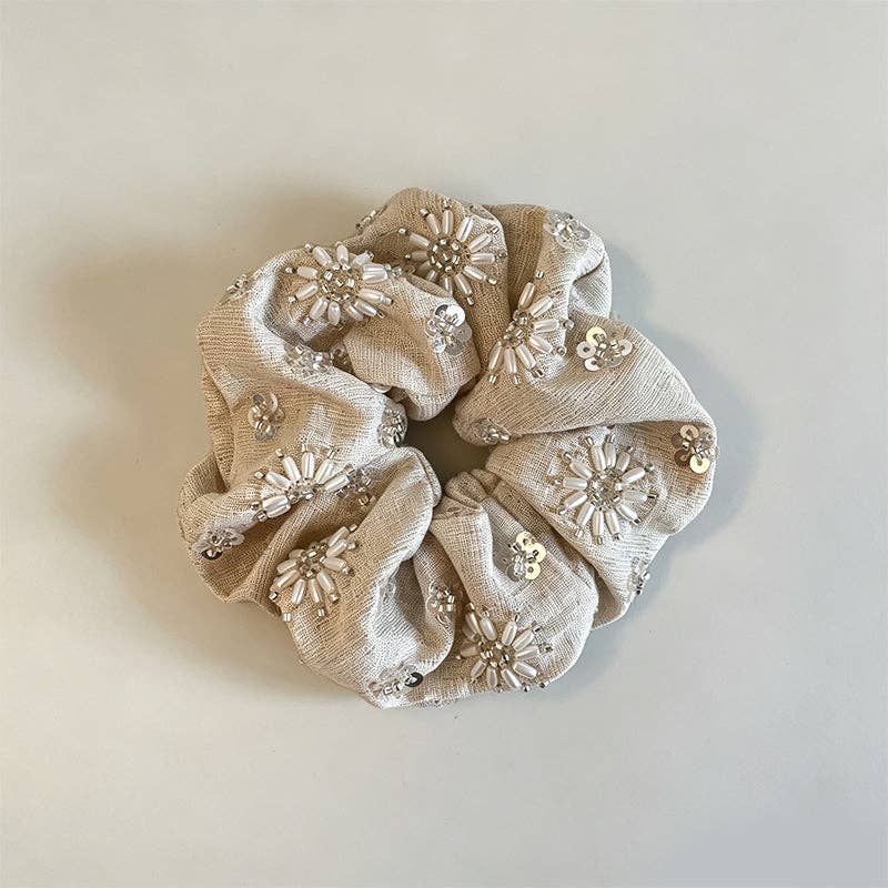 Natural Beaded Scrunchie: Round Beads / One Size