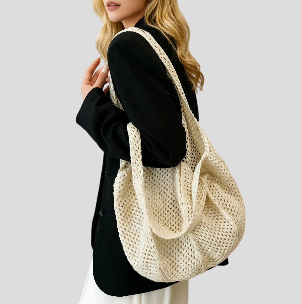 Handmade Crochet Mesh Tote: Khaki / One Size