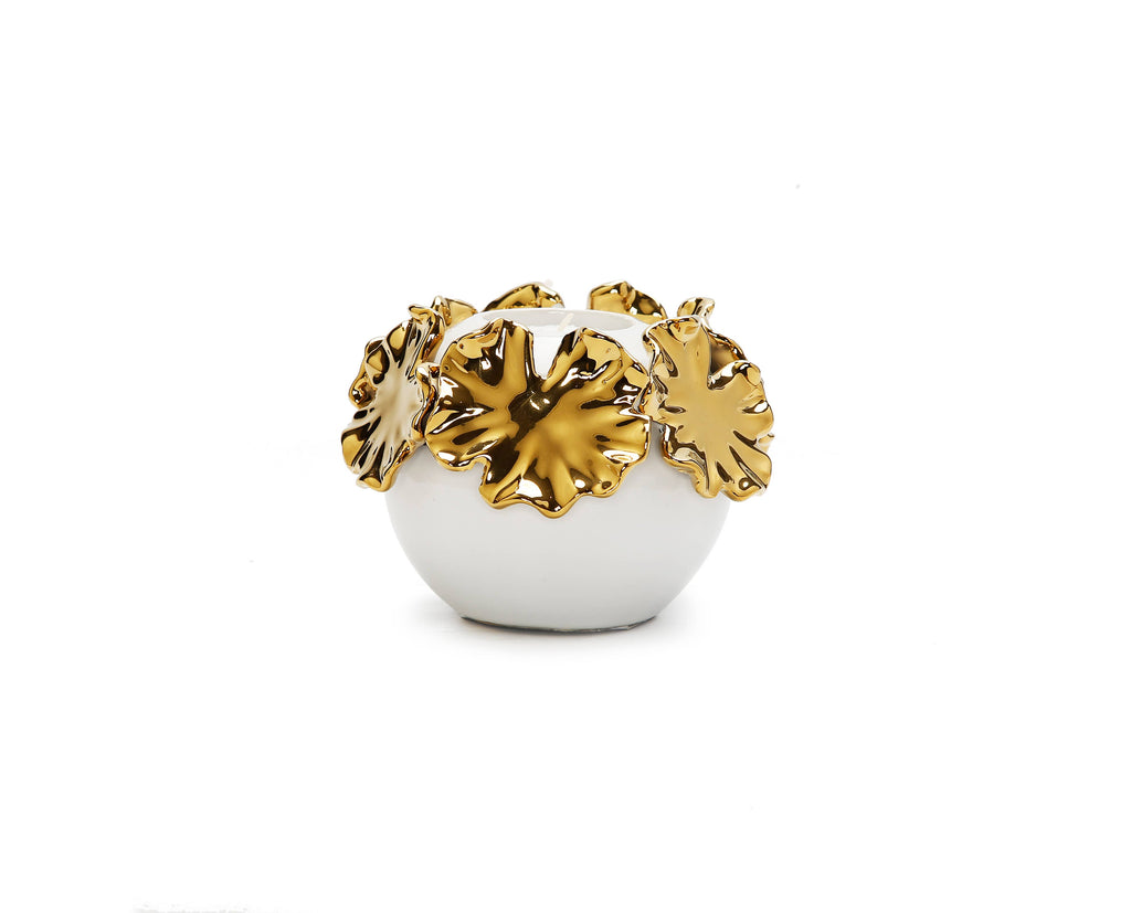 White Ceramic Candle Holder Gold Flower Design: Medium