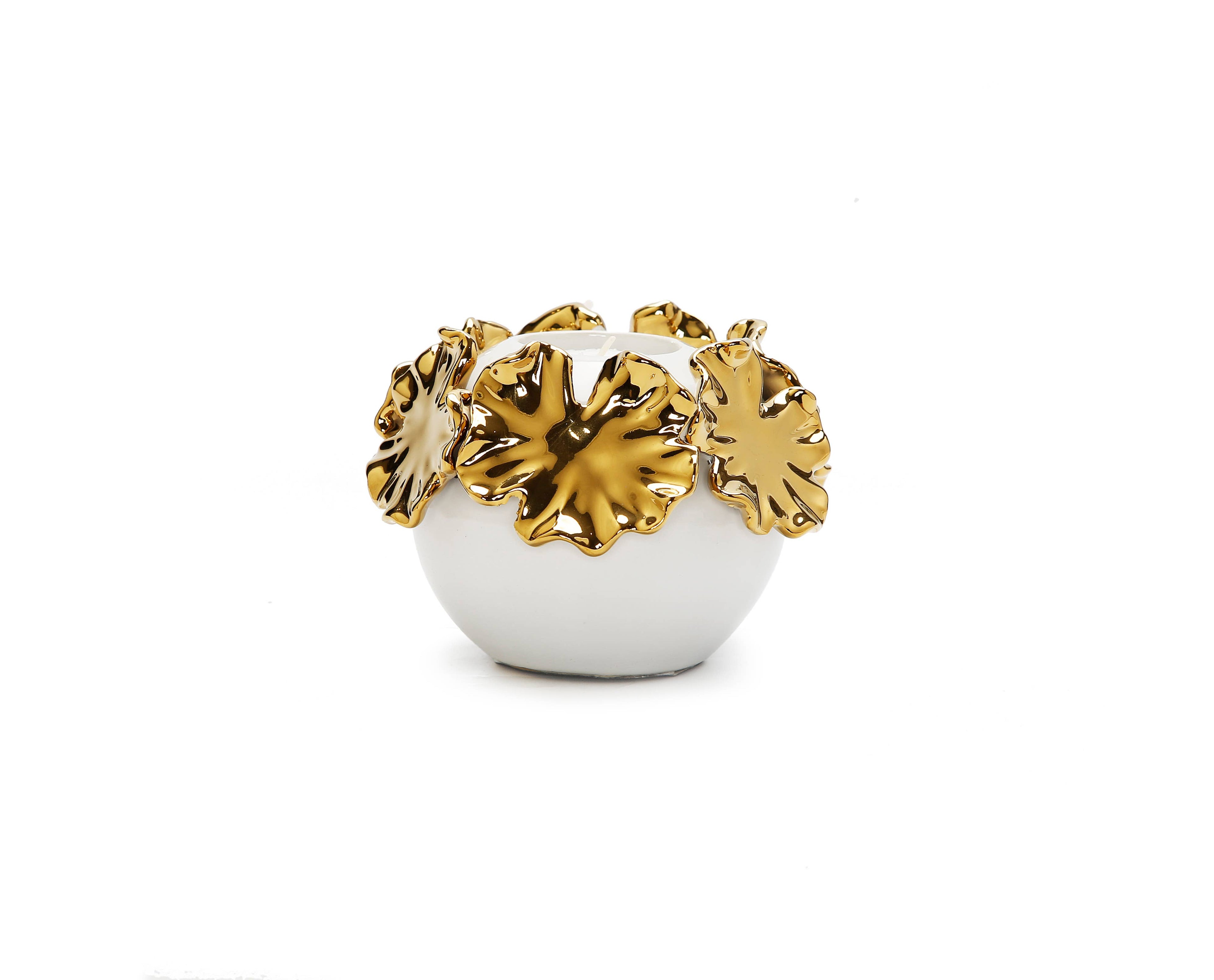 White Ceramic Candle Holder Gold Flower Design: Medium