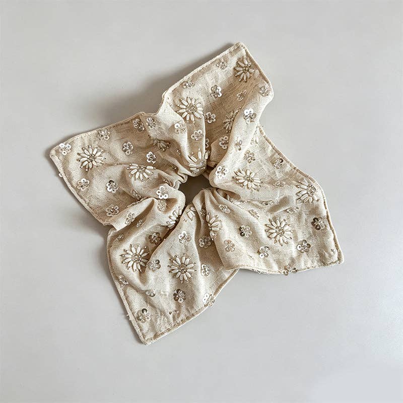 Natural Beaded Scrunchie: Round Beads / One Size