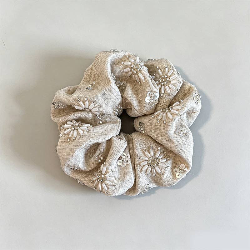 Natural Beaded Scrunchie: Round Beads / One Size