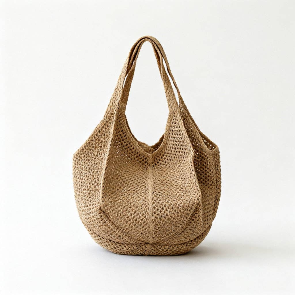 Handmade Crochet Mesh Tote: Khaki / One Size