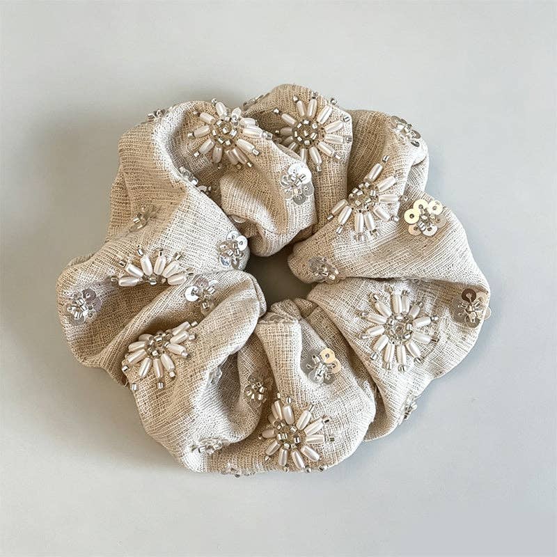 Natural Beaded Scrunchie: Round Beads / One Size