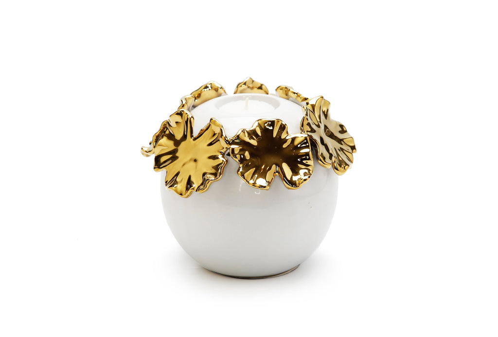 White Ceramic Candle Holder Gold Flower Design: Medium