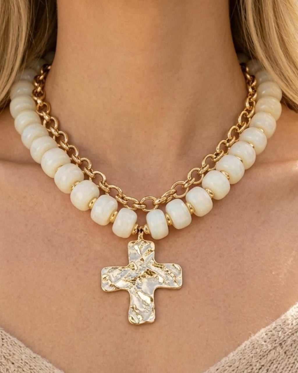 Ivory Double Stacked Faith Chunky Cross Beaded & Gold Necklace
