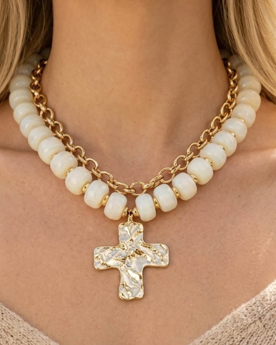 Ivory Double Stacked Faith Chunky Cross Beaded & Gold Necklace