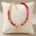 Faith Chunky Cross Colorful Stone Bead Necklace (Beige & Amber)