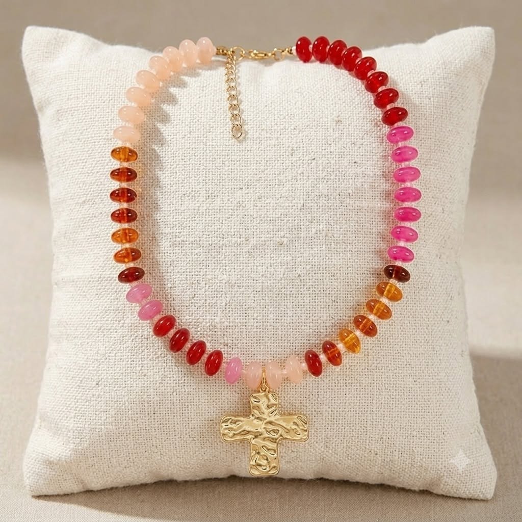 Faith Chunky Cross Colorful Stone Bead Necklace (Beige & Amber)
