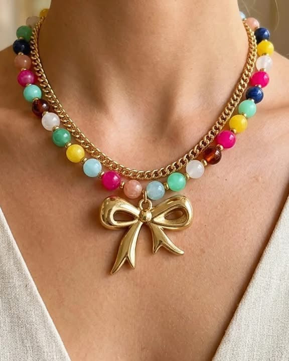 Multicolor Double Stacked Chunky Bow Beaded & Gold Necklace