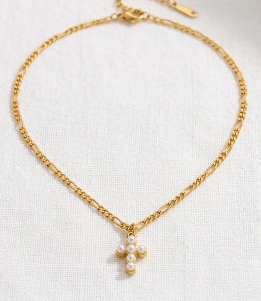 Faith Pearl Cross Figaro Chain 18K Plated Gold Necklace