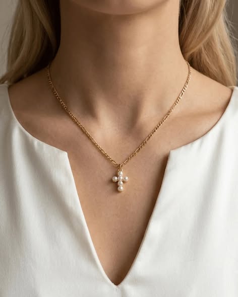 Faith Pearl Cross Figaro Chain 18K Plated Gold Necklace