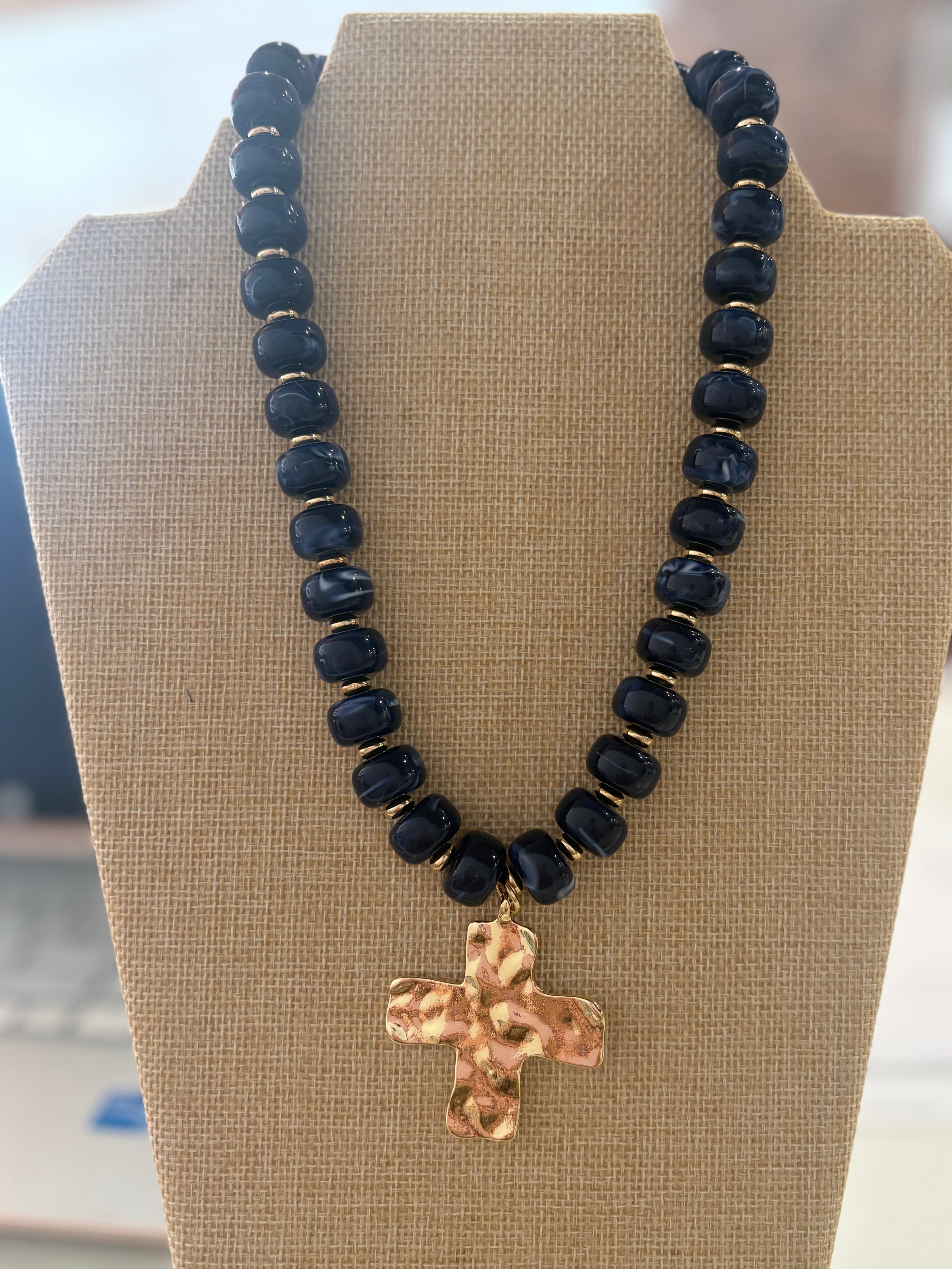 Faith Chunky Cross  Stone Bead Necklace (Navy)