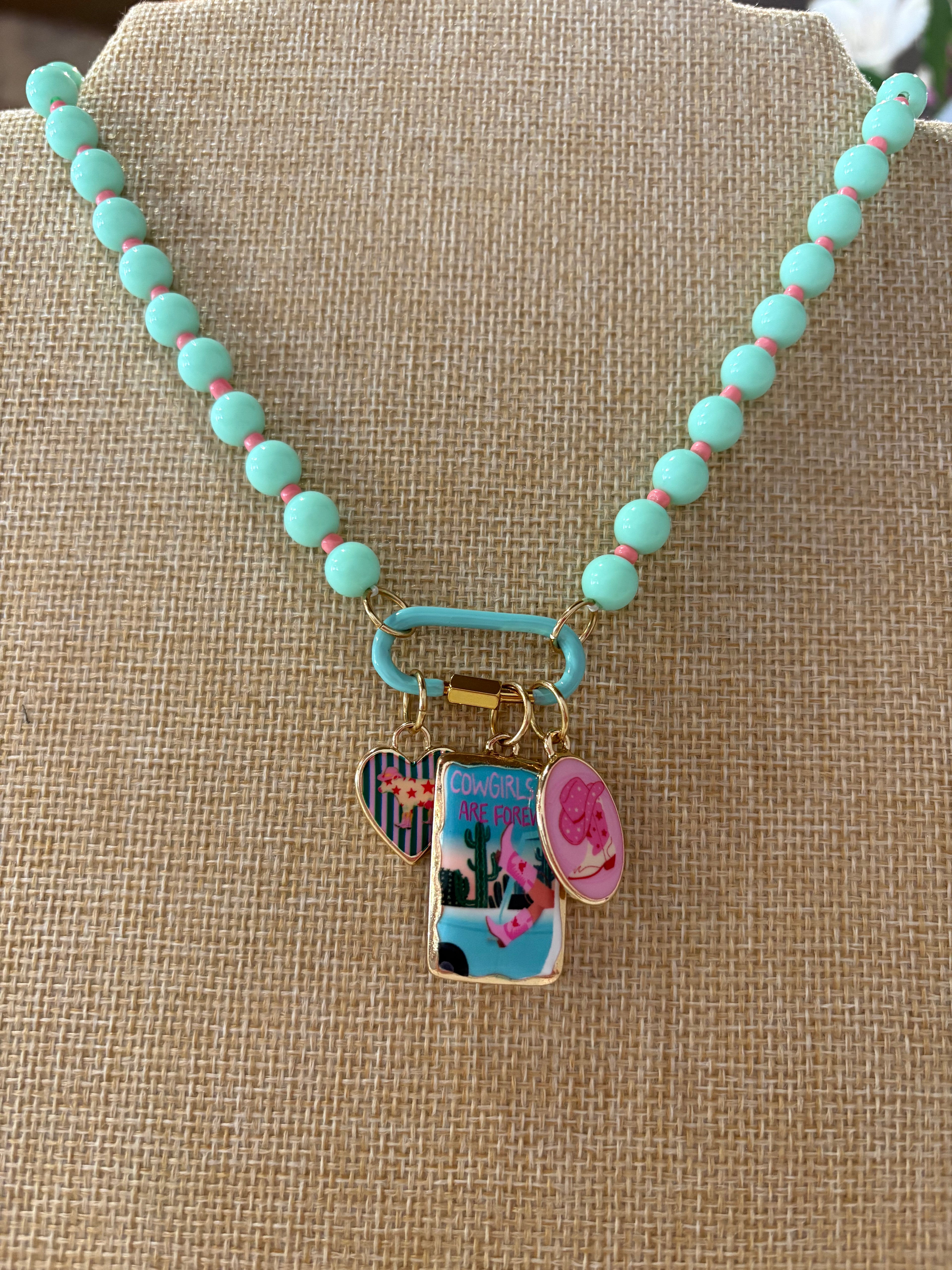 Charm Beaded Necklace - Cowgirls are Forever - Mint & Light Blue