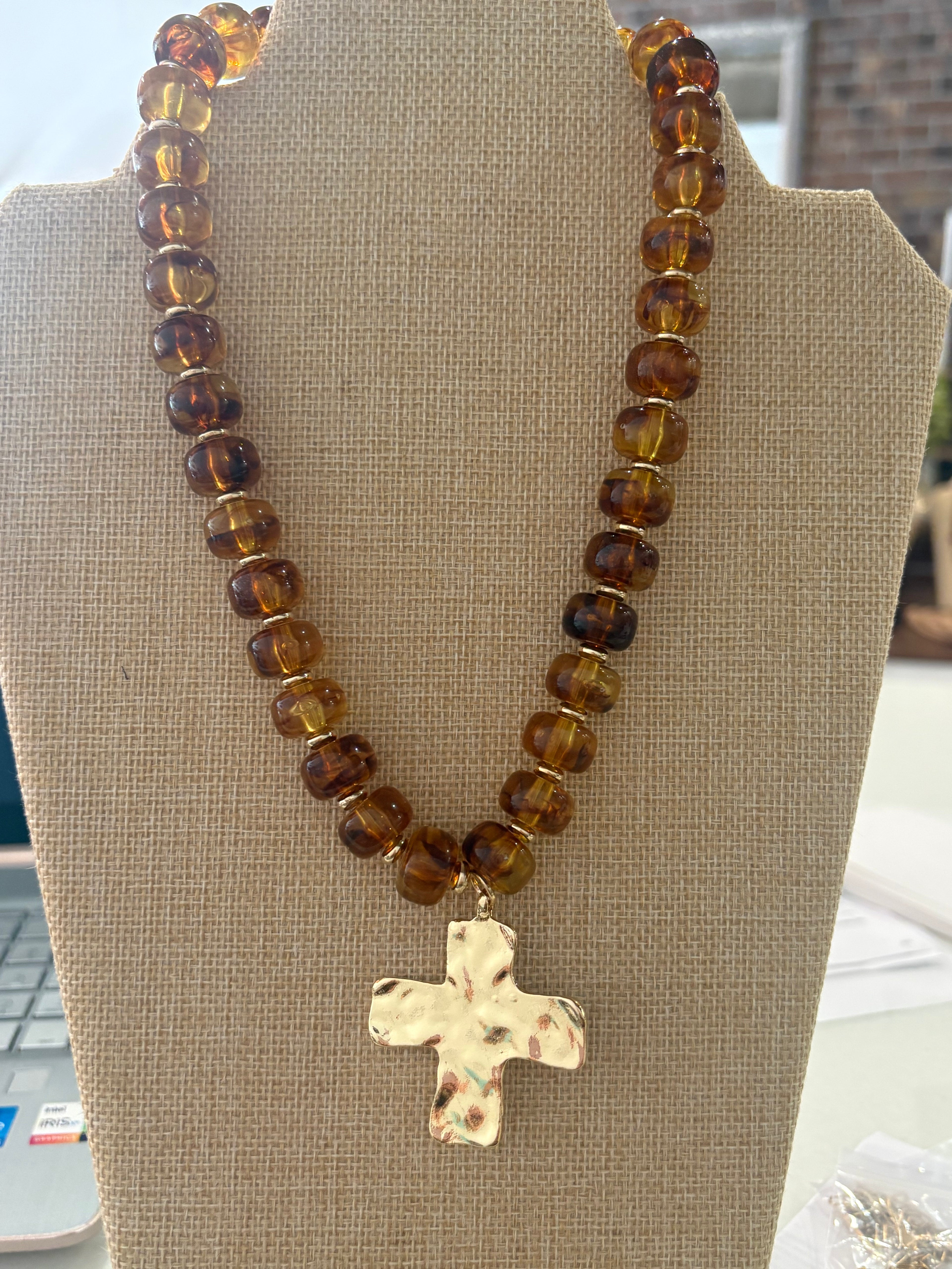 Faith Chunky Cross  Stone Bead Necklace (Amber)