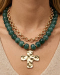 Green Double Stacked Faith Chunky Cross Beaded & Gold Necklace
