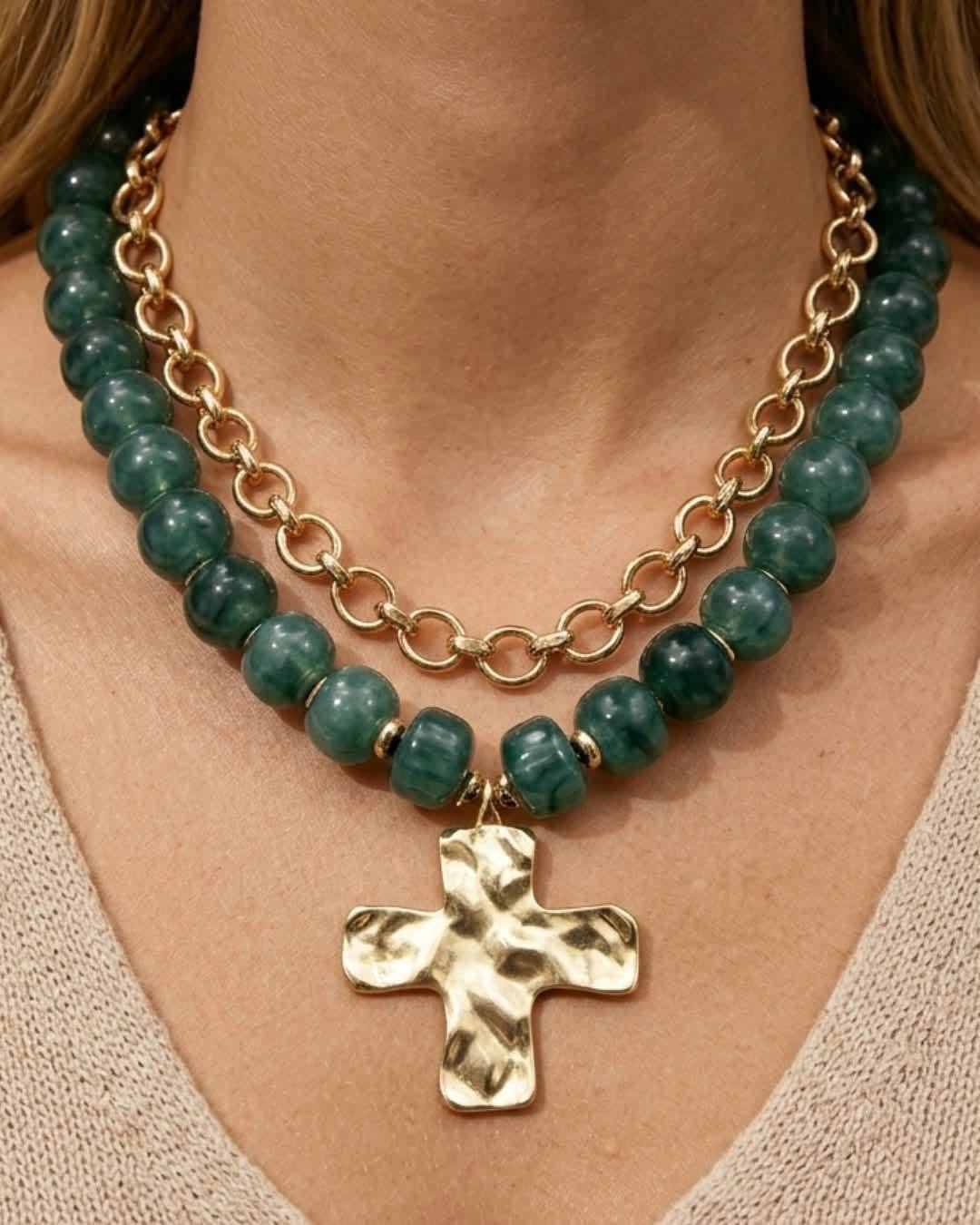 Green Double Stacked Faith Chunky Cross Beaded & Gold Necklace