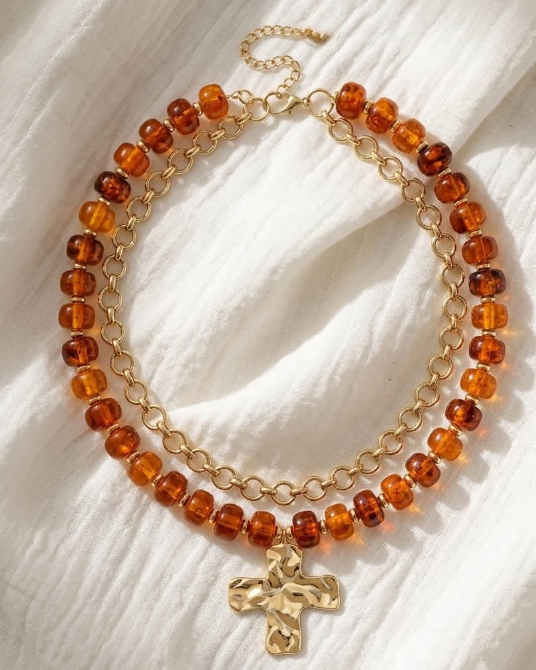 Amber Double Stacked Faith Chunky Cross Beaded & Gold Necklace