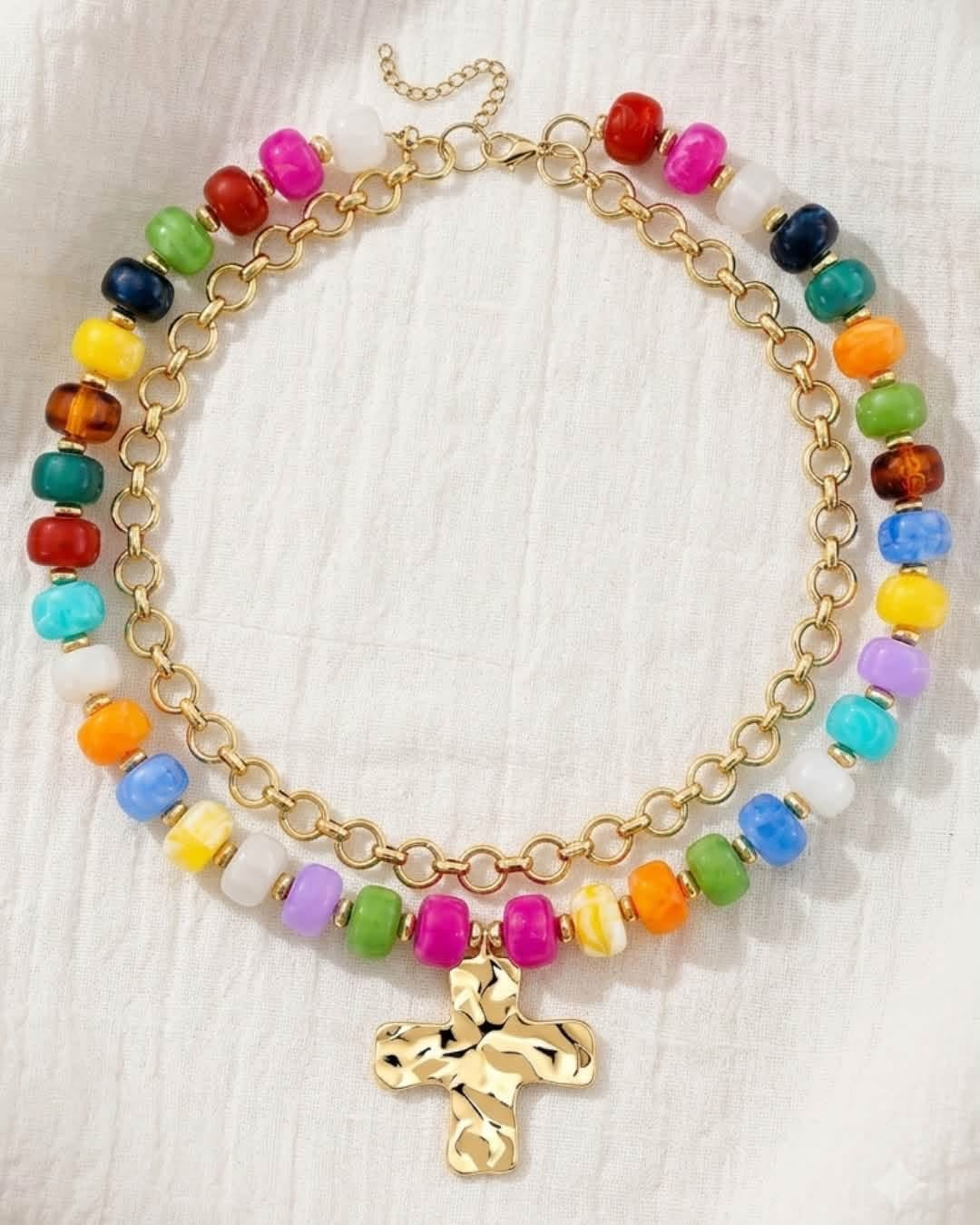 Multicolor Double Stacked Faith Chunky Cross Beaded & Gold Necklace