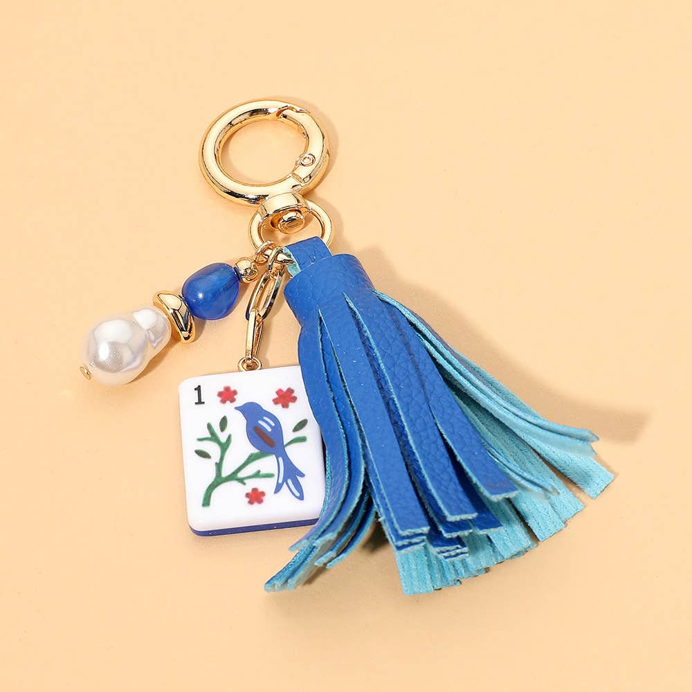 Blue Mahjong Tile Pearl Charm Faux Leather Tassel Keychain